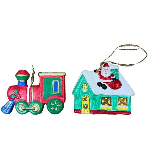 Lot of 2 Vintage Russ Ceramic Ornaments Train & Santa in Chimney Painted Set - Picture 1 of 6